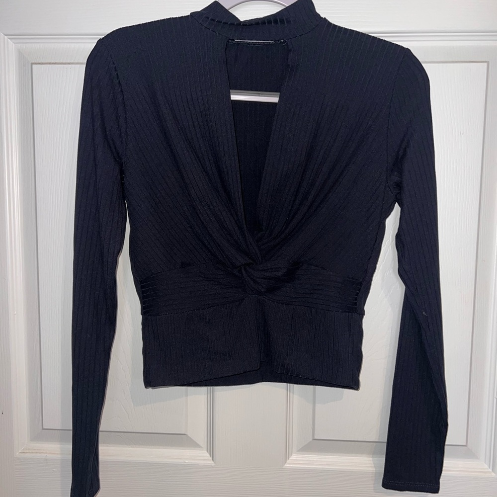 Blue Cut Out Fitted Blouse with Mandarin Collar